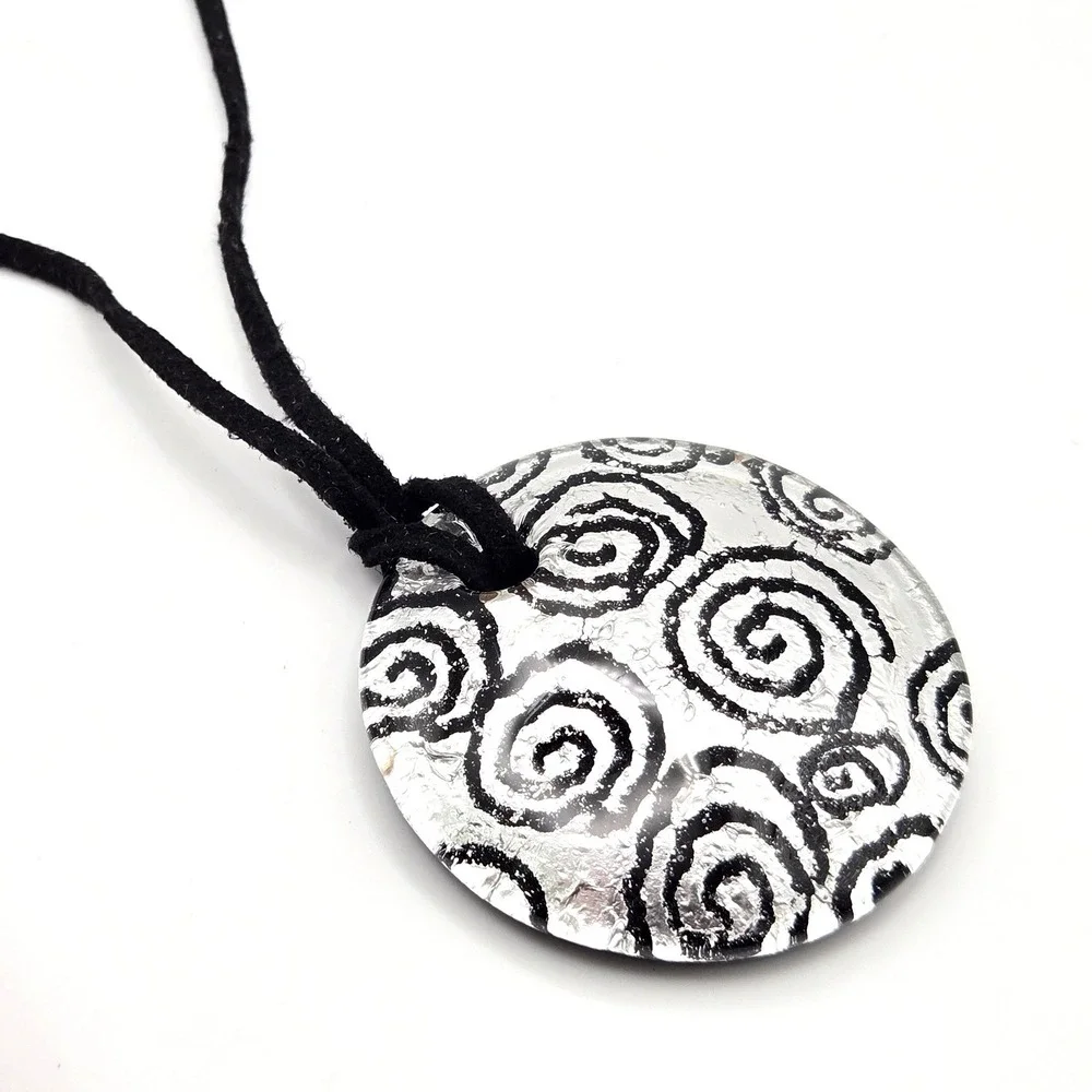 Round Dichroic Glass Pendant Necklace Black Swirls Suede Cord Adjustable Closure